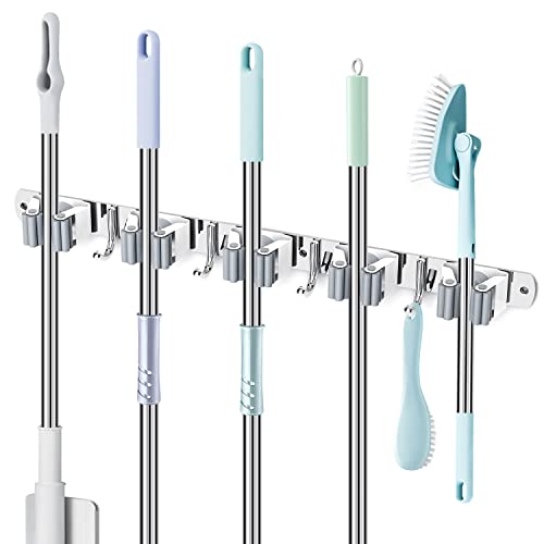 MIMIEYES Broom Holder, Mop and Broom Holder Wall Mount,Stainless Steel Broom Organizer Wall Mounted Tools Hanger, Heavy Duty Storage Organization for Home Kitchen Garden Garage Room(5 Racks 4 Hooks)