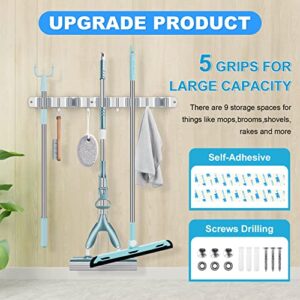 MIMIEYES Broom Holder, Mop and Broom Holder Wall Mount,Stainless Steel Broom Organizer Wall Mounted Tools Hanger, Heavy Duty Storage Organization for Home Kitchen Garden Garage Room(5 Racks 4 Hooks)