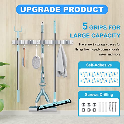 MIMIEYES Broom Holder, Mop and Broom Holder Wall Mount,Stainless Steel Broom Organizer Wall Mounted Tools Hanger, Heavy Duty Storage Organization for Home Kitchen Garden Garage Room(5 Racks 4 Hooks)