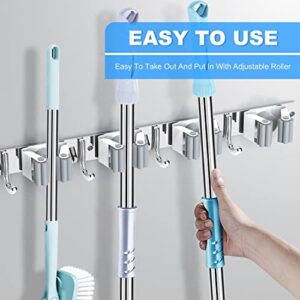 MIMIEYES Broom Holder, Mop and Broom Holder Wall Mount,Stainless Steel Broom Organizer Wall Mounted Tools Hanger, Heavy Duty Storage Organization for Home Kitchen Garden Garage Room(5 Racks 4 Hooks)