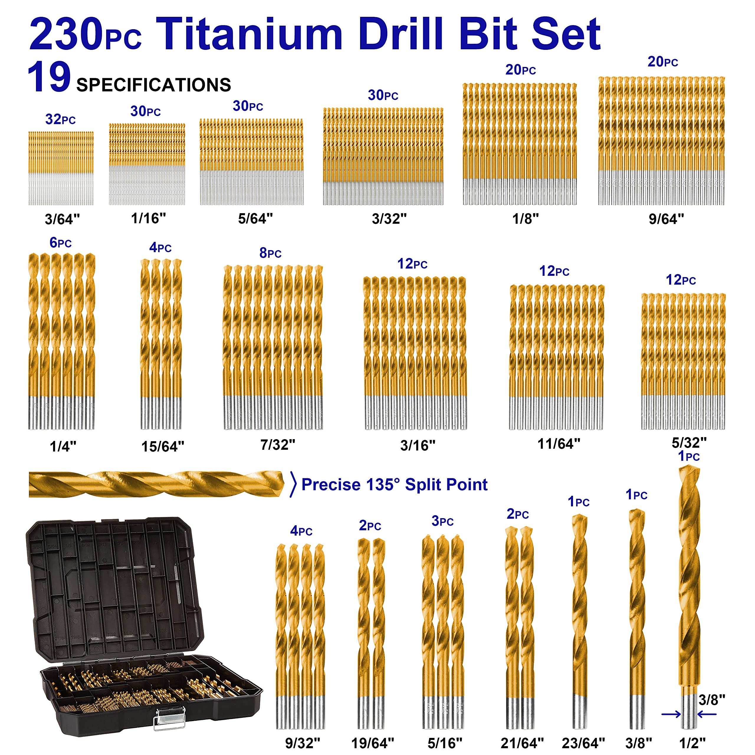 230 Piece Titanium Twist Drill Bit Set with 16-Inch Wide Mouth Tool Bag