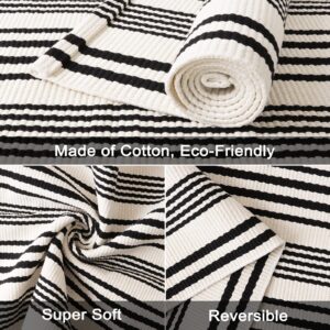 Black and White Striped Outdoor Rug, 3’x5’ Cotton Modern Front Porch Door Mat Hand-Woven Reversible Patio Rug Washable Layered Doorway Carpet for Farmhouse/Kitchen/Living Room