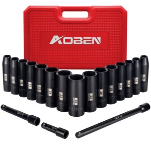 aoben 1/2-inch drive impact socket set, 18 pieces, 6 point, metric, 10mm - 24mm, deep, cr-v steel, includes 3", 5", 10" extension bars