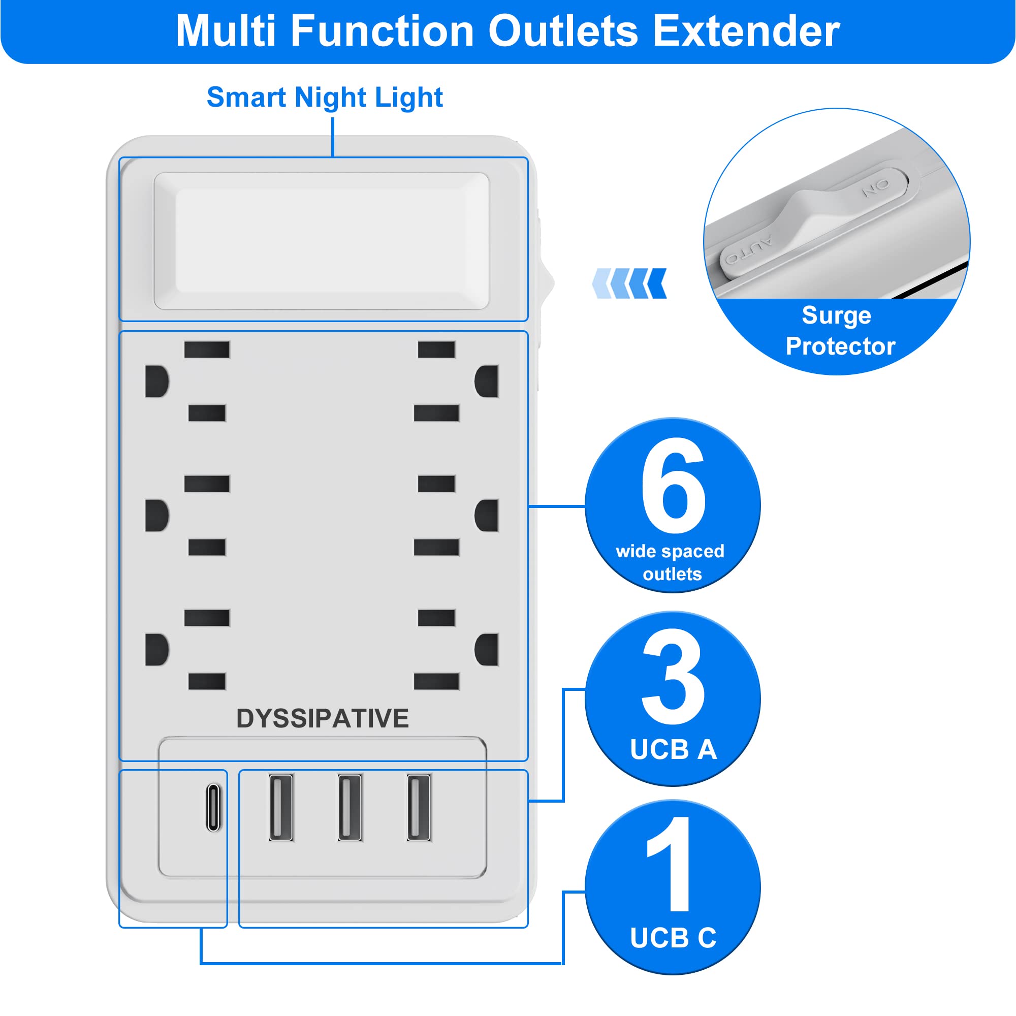 Outlet Extender multiport，Surge Protector Power Strip with Warm nightlight，USB C Wall Charger with 6 Electric Outlet , USB Multi Plug，Outlet Splitter for Home，Office，Dorm，Bathroom