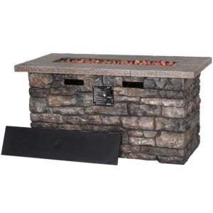 veikous 46'' outdoor rectangle propane gas fire pit table with lid, cover, free lava rocks and stone finish design, 50000 btu stainless steel burner and hose