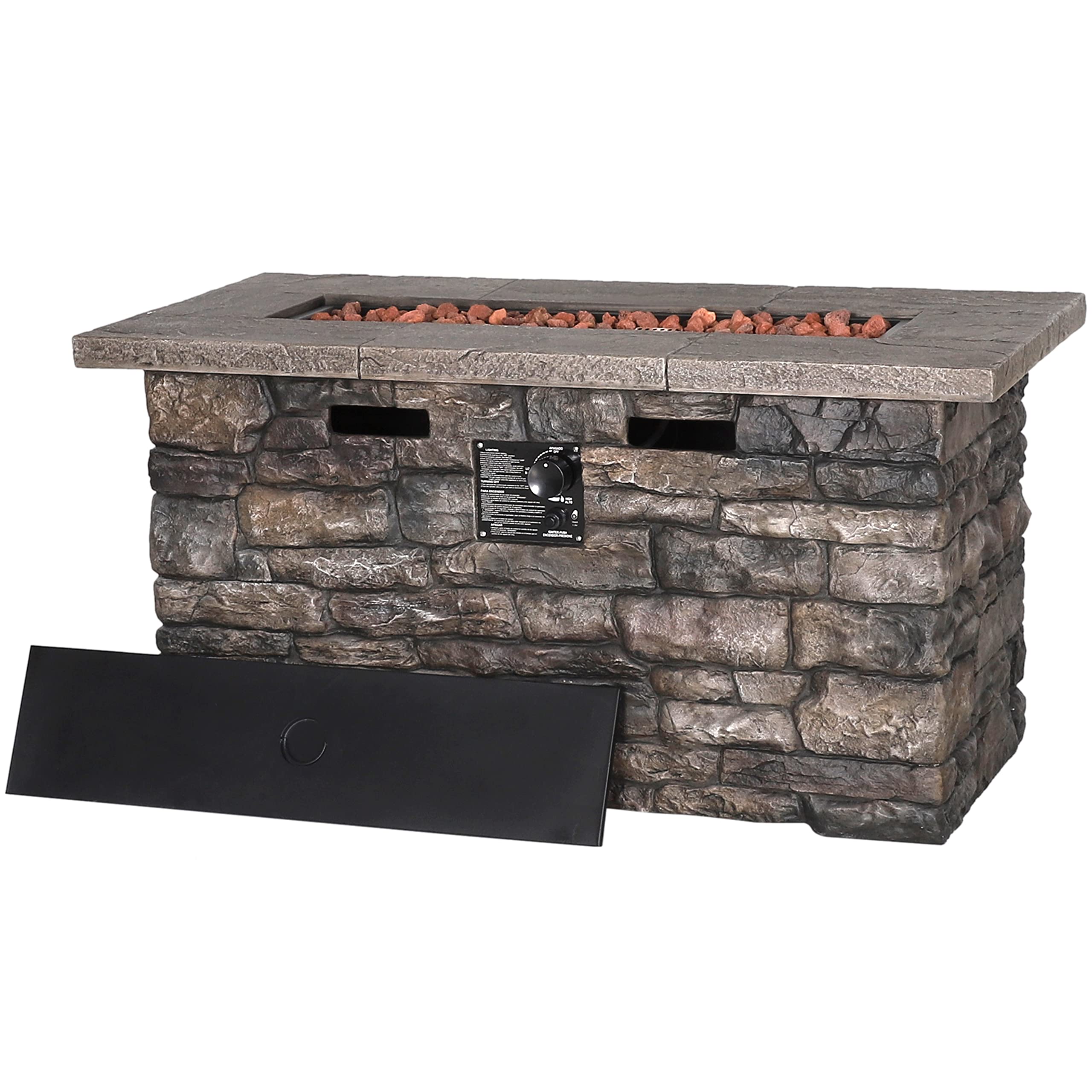 VEIKOUS 46'' Outdoor Rectangle Propane Gas Fire Pit Table with Lid, Cover, Free Lava Rocks and Stone Finish Design, 50000 BTU Stainless Steel Burner and Hose