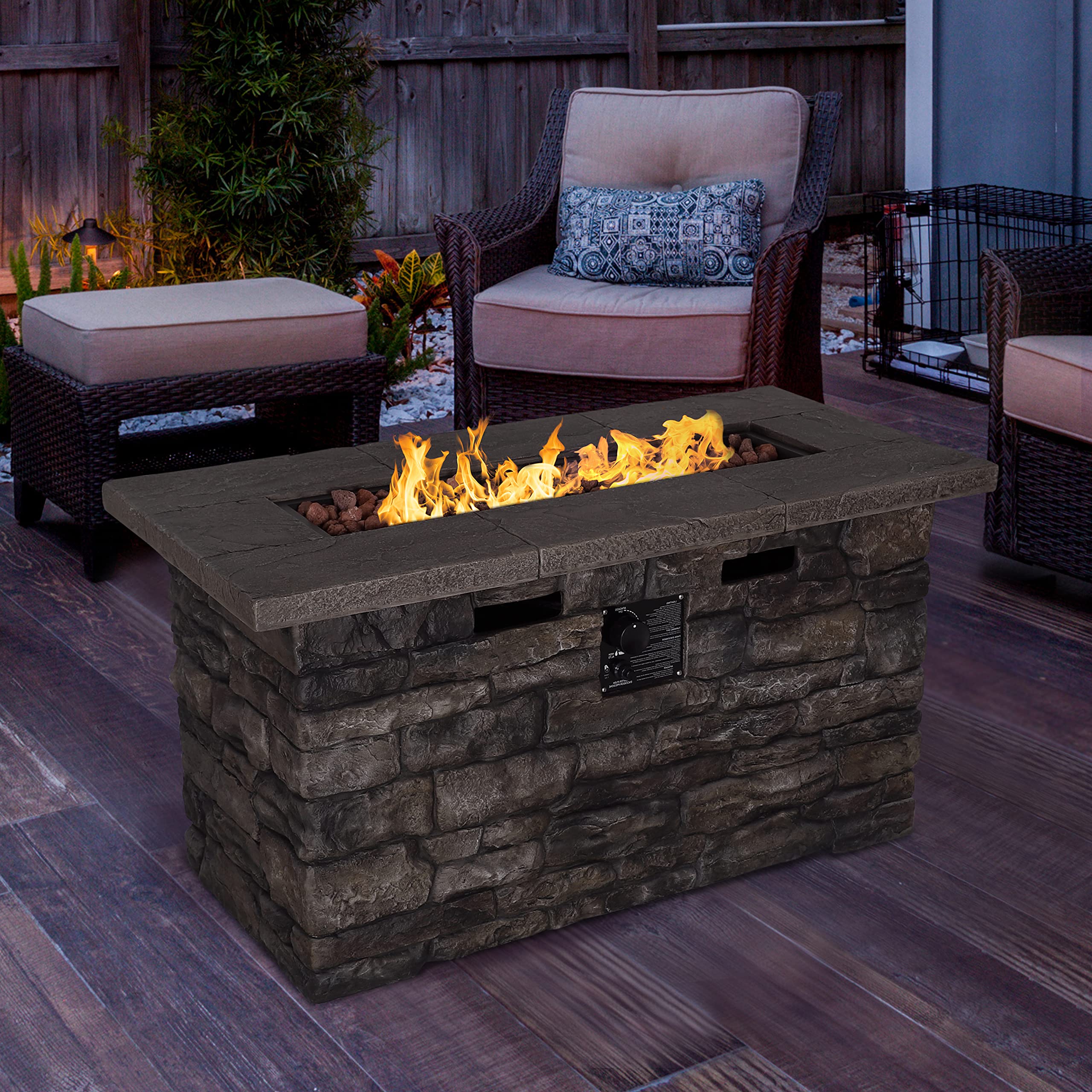 VEIKOUS 46'' Outdoor Rectangle Propane Gas Fire Pit Table with Lid, Cover, Free Lava Rocks and Stone Finish Design, 50000 BTU Stainless Steel Burner and Hose