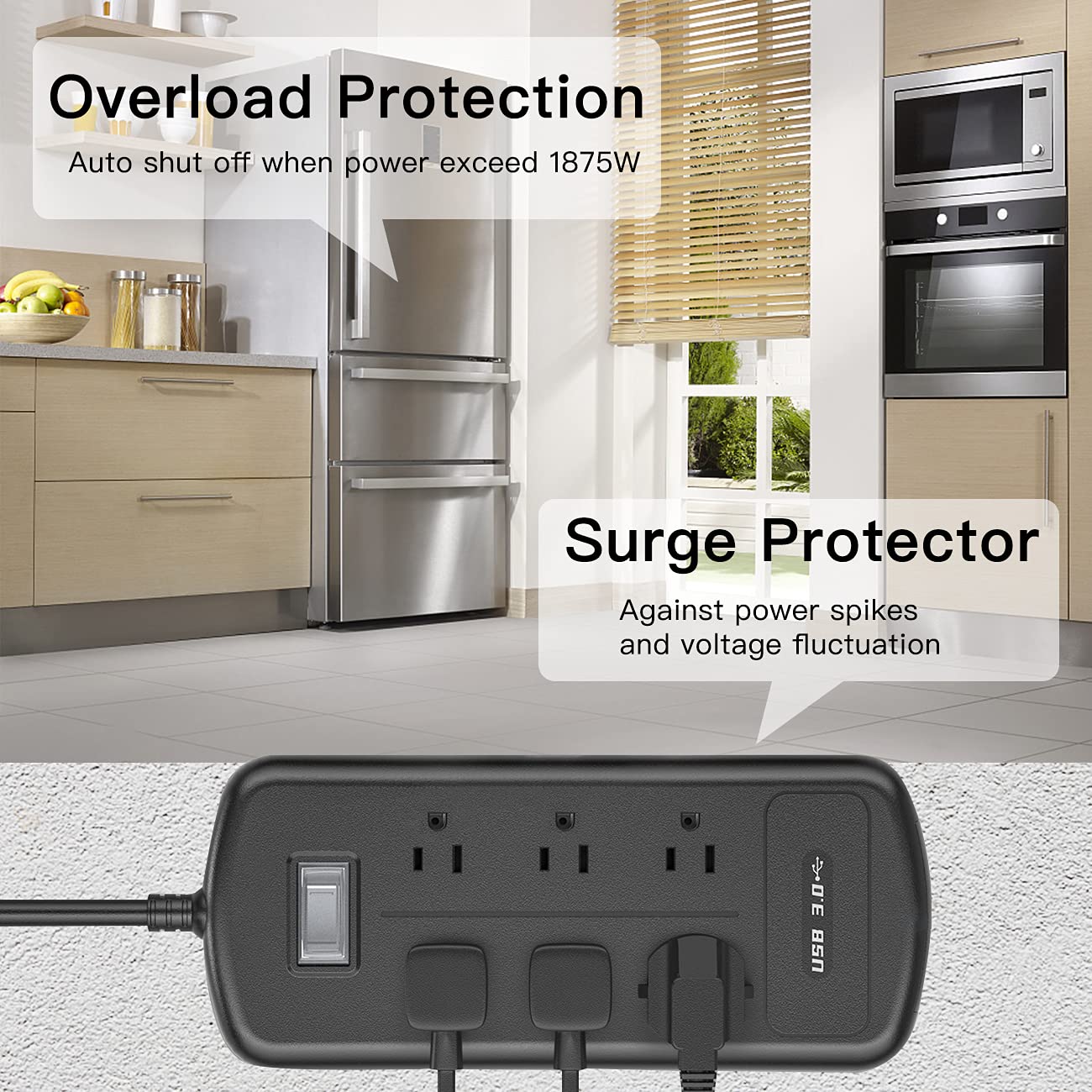 Outdoor Power Strip Weatherproof, Waterproof Surge Protector with 6 Outlets 3 USB Ports 9.6FT Long Extension Cord Overload Protection, Wall Mountable Outlets Strip for Deck Yard Garden Lights, Black