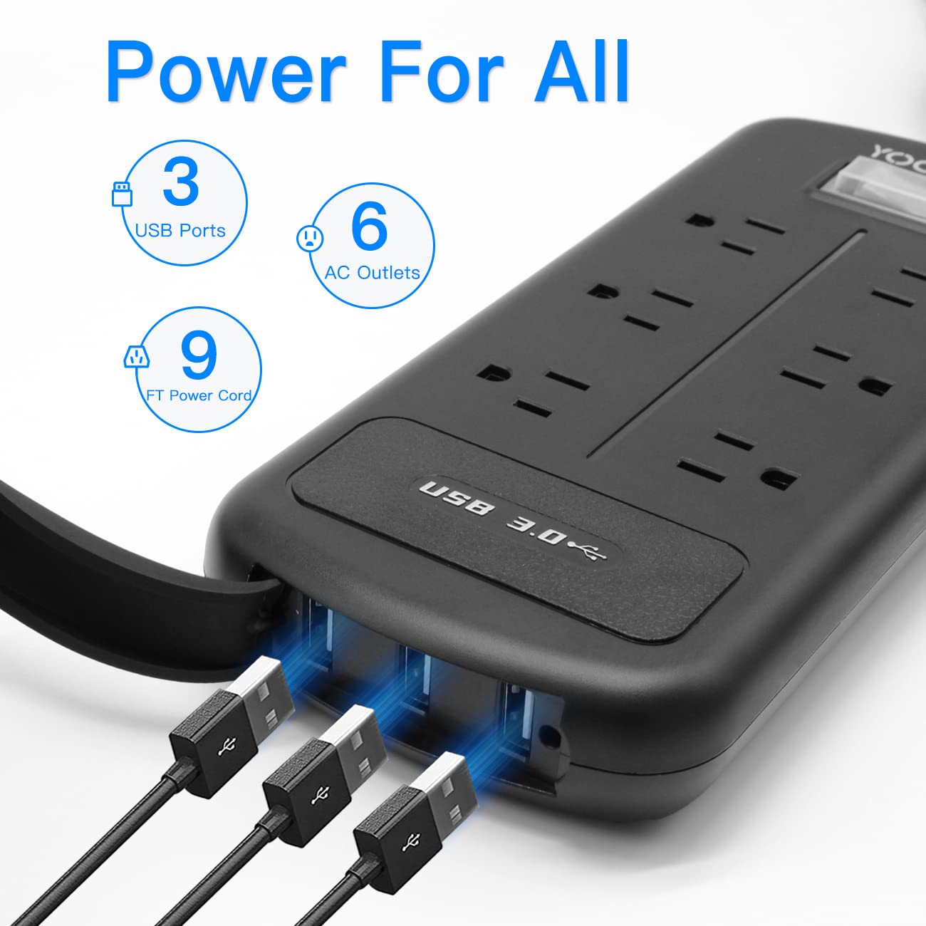 Outdoor Power Strip Weatherproof, Waterproof Surge Protector with 6 Outlets 3 USB Ports 9.6FT Long Extension Cord Overload Protection, Wall Mountable Outlets Strip for Deck Yard Garden Lights, Black