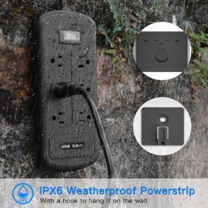 Outdoor Power Strip Weatherproof, Waterproof Surge Protector with 6 Outlets 3 USB Ports 9.6FT Long Extension Cord Overload Protection, Wall Mountable Outlets Strip for Deck Yard Garden Lights, Black