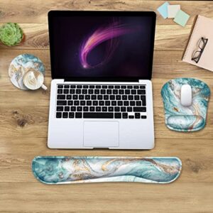 Keyboard Wrist Rest Pad and Mouse Pad Memory Foam Ergonomic Support Mouse Pad Set for Office Gaming Easy Typing Green Fluid