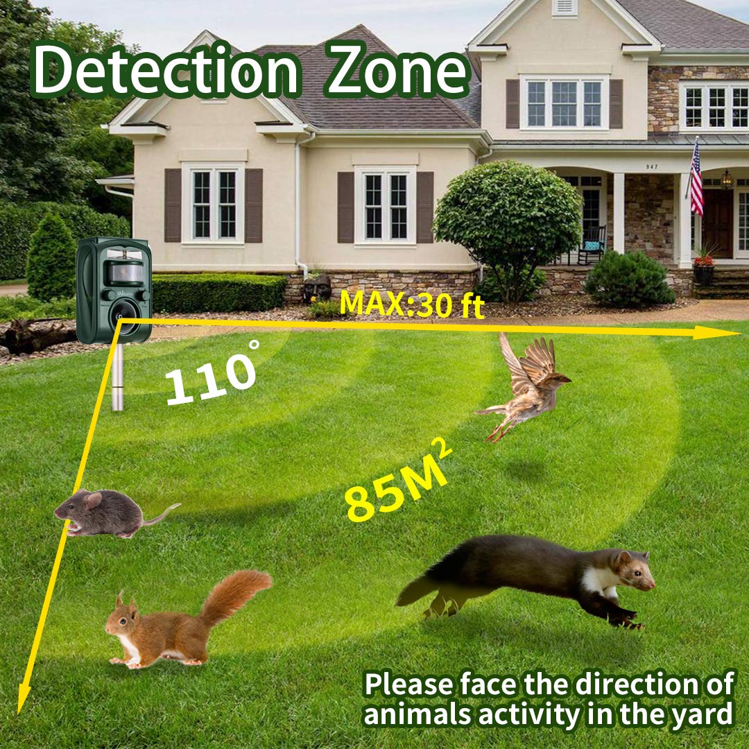 OULAIZ Solar Animal Repeller, Ultrasonic Mole Repellent, Rat, Squirrel, Deer, Raccoon, Skunk, Rabbit, Mole, Dog, Cat, Waterproof with Motion Detector, USB Rechargeable, Flashing Light (Green)