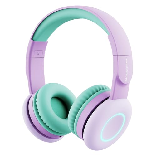 BIGGERFIVE Kids Wireless Bluetooth Headphones with 7 Colorful LED Lights, 50H Playtime, Microphone, 85dB/94dB Volume Limited, Foldable On Ear Kids Headphones for School/Girls/Fire Tablet, Purple