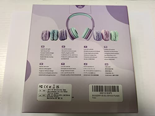 BIGGERFIVE Kids Wireless Bluetooth Headphones with 7 Colorful LED Lights, 50H Playtime, Microphone, 85dB/94dB Volume Limited, Foldable On Ear Kids Headphones for School/Girls/Fire Tablet, Purple