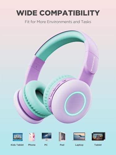 BIGGERFIVE Kids Wireless Bluetooth Headphones with 7 Colorful LED Lights, 50H Playtime, Microphone, 85dB/94dB Volume Limited, Foldable On Ear Kids Headphones for School/Girls/Fire Tablet, Purple