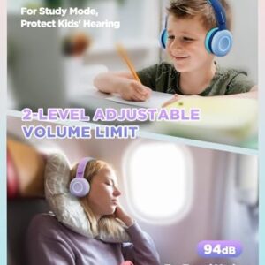 BIGGERFIVE Kids Wireless Bluetooth Headphones with 7 Colorful LED Lights, 50H Playtime, Microphone, 85dB/94dB Volume Limited, Foldable On Ear Kids Headphones for School/Girls/Fire Tablet, Purple