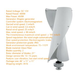 Wind Turbine Generator Kit 450W DC 12V Vertical Wind Power Turbine Generator Kit with Charge Controller 3 Phase AC Permanent Magnet Generator for Home RV Boat Marine Electricity Set (with 2pcs Blades)