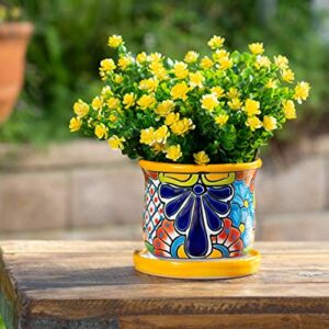 Enchanted Talavera Small Ceramic Flower Pot & Saucer Succulent Planter House Plant Cactus Bonsai Decorative Pot Plant Container 2-Piece Set (Marigold)