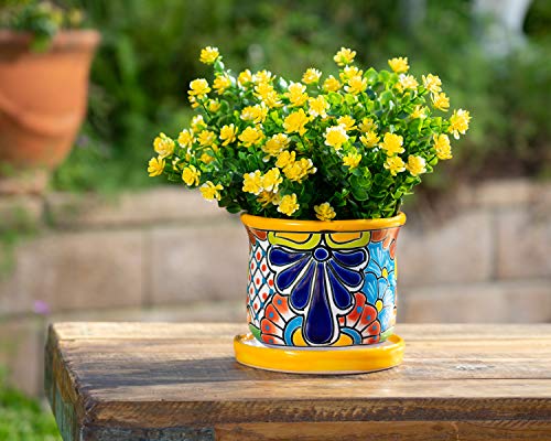 Enchanted Talavera Small Ceramic Flower Pot & Saucer Succulent Planter House Plant Cactus Bonsai Decorative Pot Plant Container 2-Piece Set (Marigold)