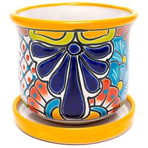 Enchanted Talavera Small Ceramic Flower Pot & Saucer Succulent Planter House Plant Cactus Bonsai Decorative Pot Plant Container 2-Piece Set (Marigold)