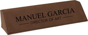 office desk name plate personalized. custom name plates for office desks. gift for coworkers, teachers, graduates. engraved leatherette desk wedge(dark brown)