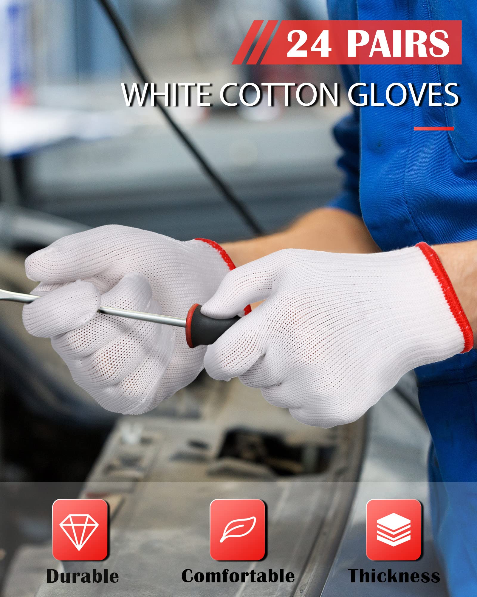 Hicarer 24 Pairs Cotton Hand Working Gloves White Cotton Liners Gloves for Safety Work Gloves Thicker Men Women Cotton BBQ Gloves(Red Edge)