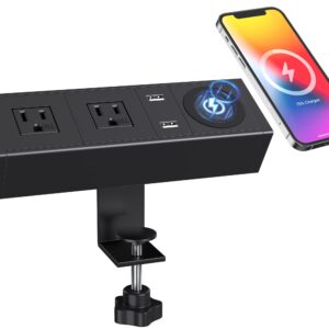 Desk Clamp Power Strip with Wireless Charger,Desk Mounted Power Strip with USB,900 Joules Surge Protector Desk Edge Power Strip,Desk Power Station with 2 Outlet and 2 USB Ports,6ft Cable