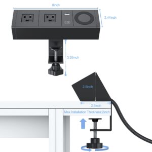 Desk Clamp Power Strip with Wireless Charger,Desk Mounted Power Strip with USB,900 Joules Surge Protector Desk Edge Power Strip,Desk Power Station with 2 Outlet and 2 USB Ports,6ft Cable