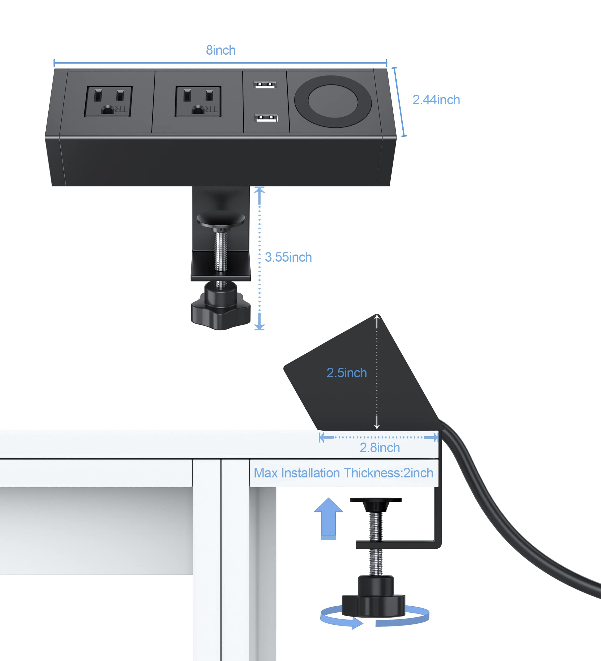 Desk Clamp Power Strip with Wireless Charger,Desk Mounted Power Strip with USB,900 Joules Surge Protector Desk Edge Power Strip,Desk Power Station with 2 Outlet and 2 USB Ports,6ft Cable