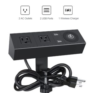 Desk Clamp Power Strip with Wireless Charger,Desk Mounted Power Strip with USB,900 Joules Surge Protector Desk Edge Power Strip,Desk Power Station with 2 Outlet and 2 USB Ports,6ft Cable