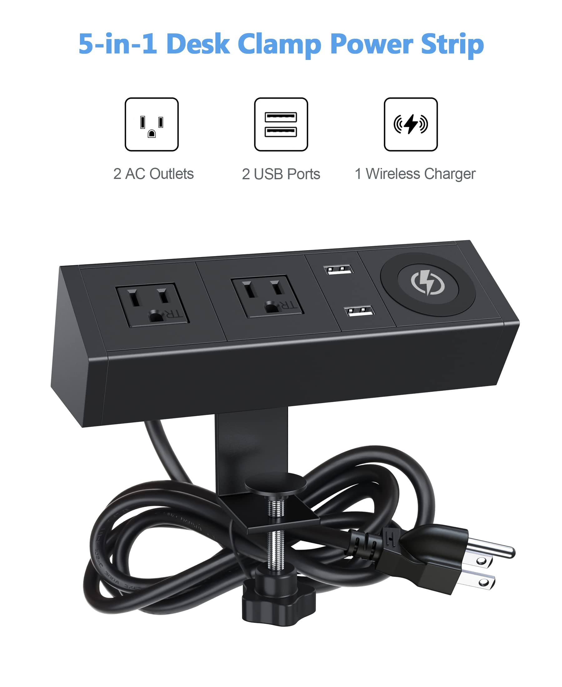Desk Clamp Power Strip with Wireless Charger,Desk Mounted Power Strip with USB,900 Joules Surge Protector Desk Edge Power Strip,Desk Power Station with 2 Outlet and 2 USB Ports,6ft Cable