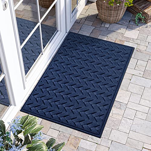 DEXI Front Door Mat Outdoor Entrance Doormat Heavy Duty Floor Rug, Waterproof Low-Profile,17"x29", Navy Wave