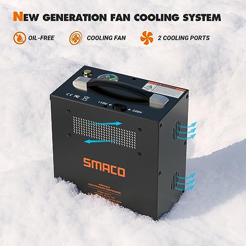 SMACO PCP Air Compressor 4500Psi/30Mpa High Pressure Air Compressor Paintball Scuba Tank Compressor HPA Pump Fill Station Auto-Stop,Oil-Free Powered by 12V DC or 110V AC with Water/Oil Separator