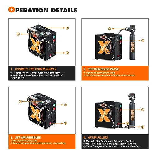 SMACO PCP Air Compressor 4500Psi/30Mpa High Pressure Air Compressor Paintball Scuba Tank Compressor HPA Pump Fill Station Auto-Stop,Oil-Free Powered by 12V DC or 110V AC with Water/Oil Separator