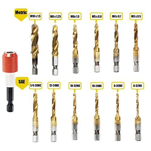 AUTOTOOLHOME Titanium Combination Drill Tap Bit Set 13PCS SAE and Metric Tap Bits Kit for Screw Thread Drilling Tapping Deburring Countersinking