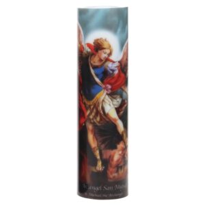st michael led flameless devotion prayer candle, religious gift, safe for hospitals, homes, children, has 6 hour timer for more hours of enjoyment and devotion! dimensions 8.1875" x 2.375"
