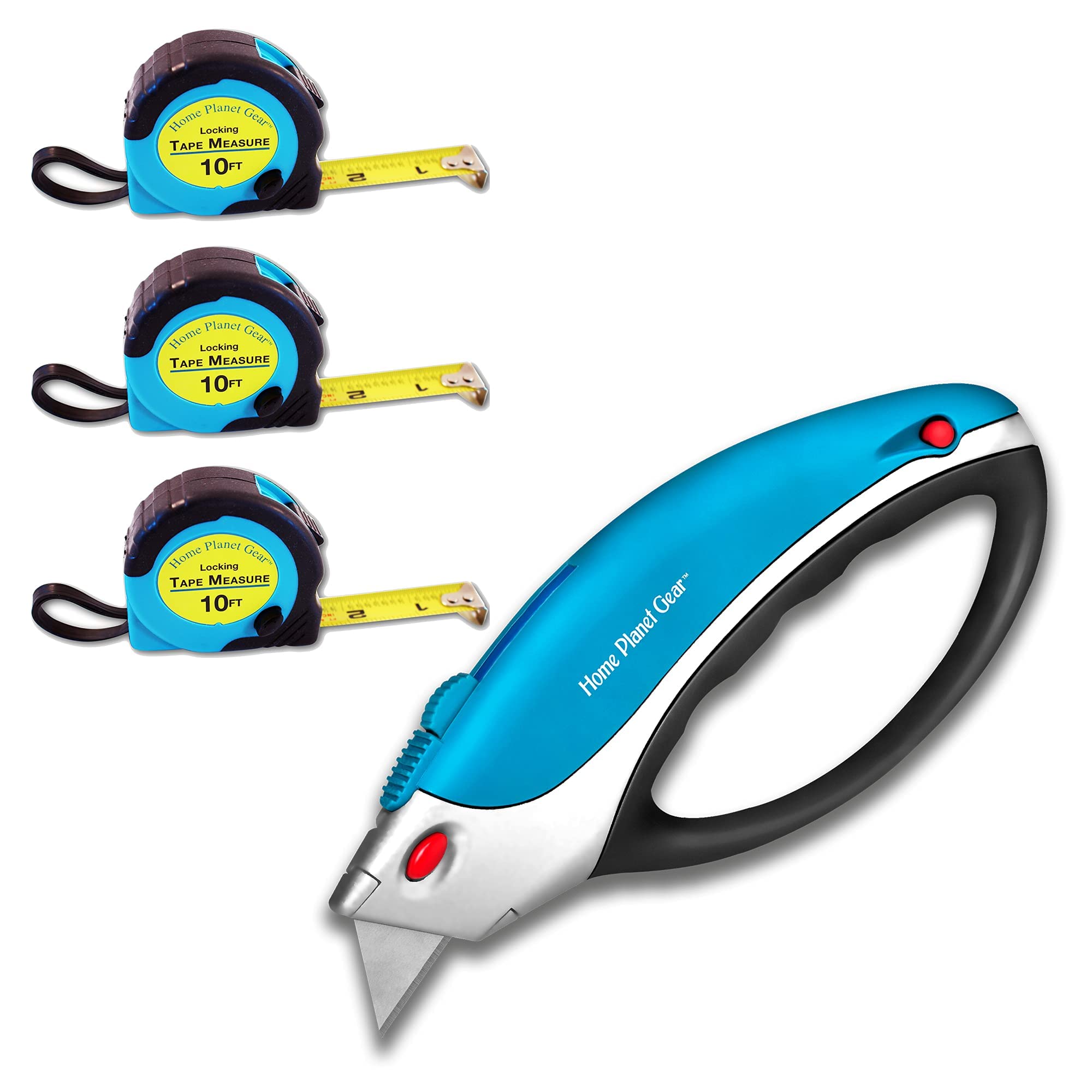 Home Planet Box Cutter Utility Knife plus 3 pack "Where's my Tape Measure" Three Small Measuring Tapes 10 ft