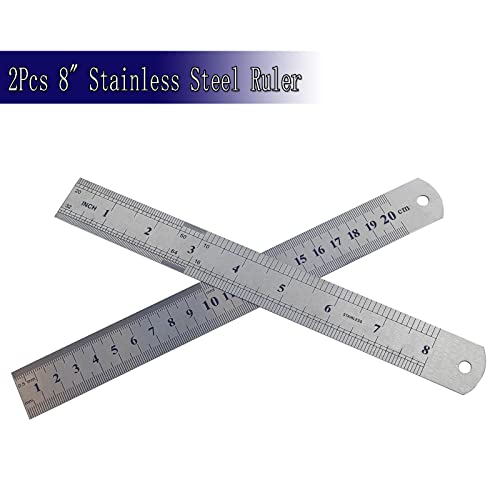 zmr 2 Pack Stainless Steel Machinist Engineer Ruler， Metric British Ruler with 1/10, 1/16, 1/20, 1/32Inch and 0.5mm，0.1cm for Engineering, School, Office, Architect, and Drawing (8Inch/2Pack)