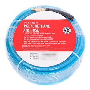 GREATLINE Air Compressor Hose 1/4"X100FT Reinforced Polyurethane (PU) with 1/4 in Quick Connect Plug & Coupler Fittings Blue