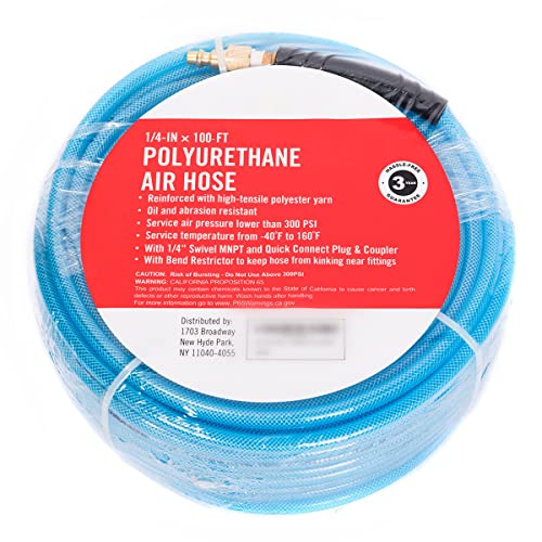 GREATLINE Air Compressor Hose 1/4"X100FT Reinforced Polyurethane (PU) with 1/4 in Quick Connect Plug & Coupler Fittings Blue