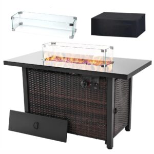 43 inch propane fire pit table, 50,000 btu auto-ignition rattan gas fire pit table with glass wind guard, csa approved for outdoor garden, patio, deck poolside.