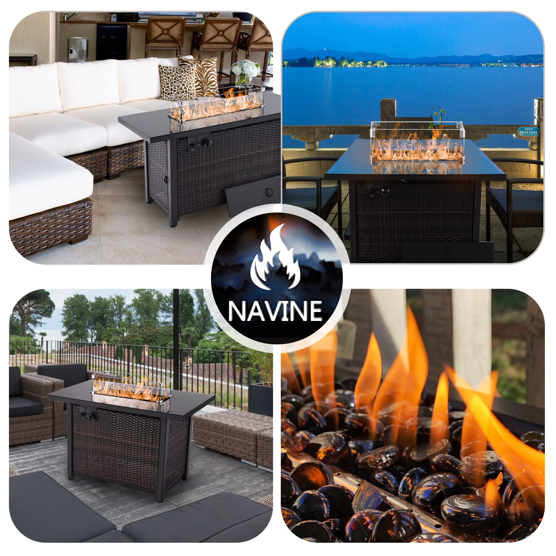 43 Inch Propane Fire Pit Table, 50,000 BTU Auto-Ignition Rattan Gas Fire Pit Table with Glass Wind Guard, CSA Approved for Outdoor Garden, Patio, Deck Poolside.