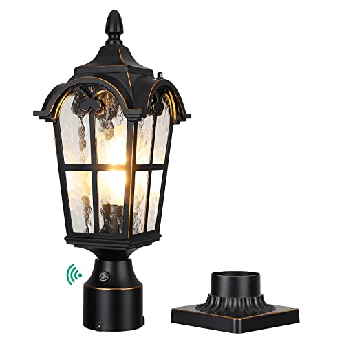 EDISHINE Dusk to Dawn Outdoor Post Light with Pier Mount Base, Black Roman Waterproof Pole Lantern Fixture, Water Ripple Glass Exterior Lamp Post Light for Driverway, Patio, Pathway