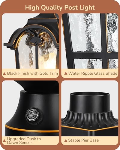 EDISHINE Dusk to Dawn Outdoor Post Light with Pier Mount Base, Black Roman Waterproof Pole Lantern Fixture, Water Ripple Glass Exterior Lamp Post Light for Driverway, Patio, Pathway