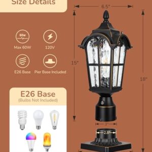 EDISHINE Dusk to Dawn Outdoor Post Light with Pier Mount Base, Black Roman Waterproof Pole Lantern Fixture, Water Ripple Glass Exterior Lamp Post Light for Driverway, Patio, Pathway