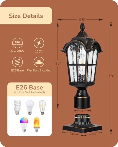 EDISHINE Dusk to Dawn Outdoor Post Light with Pier Mount Base, Black Roman Waterproof Pole Lantern Fixture, Water Ripple Glass Exterior Lamp Post Light for Driverway, Patio, Pathway