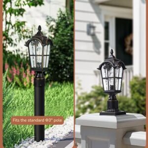 EDISHINE Dusk to Dawn Outdoor Post Light with Pier Mount Base, Black Roman Waterproof Pole Lantern Fixture, Water Ripple Glass Exterior Lamp Post Light for Driverway, Patio, Pathway