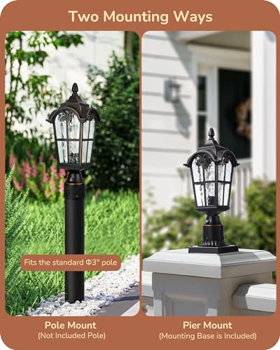 EDISHINE Dusk to Dawn Outdoor Post Light with Pier Mount Base, Black Roman Waterproof Pole Lantern Fixture, Water Ripple Glass Exterior Lamp Post Light for Driverway, Patio, Pathway