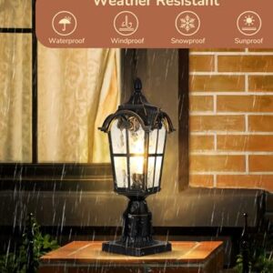 EDISHINE Dusk to Dawn Outdoor Post Light with Pier Mount Base, Black Roman Waterproof Pole Lantern Fixture, Water Ripple Glass Exterior Lamp Post Light for Driverway, Patio, Pathway