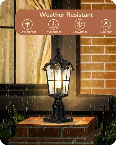 EDISHINE Dusk to Dawn Outdoor Post Light with Pier Mount Base, Black Roman Waterproof Pole Lantern Fixture, Water Ripple Glass Exterior Lamp Post Light for Driverway, Patio, Pathway